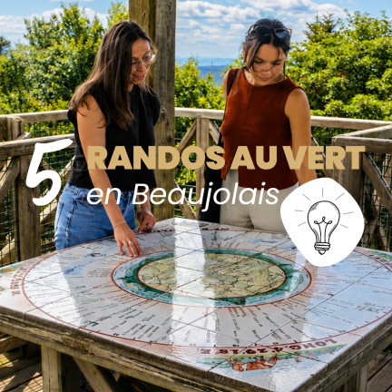 5 randos au vert 

Pour cet été, on vous invite à découvrir le Beaujolais et sa forêt, ses paysages vallonnés et ses panoramas ... 

Une sélection de 5 parcours, la sélection complète à découvrir sur notre site web : 

1. Le Mont Saint-Rigaud 
Le plus sommet du Rhône vous attends en Beaujolais ! au départ de la Maison de la Randonnée et du Trail plusieurs parcours pour atteindre cette tour avec sa table d'orientation et vue sur la forêt. 

2. Vernay 
Parcourez les sentiers autour de cette commune perchée sur les hauteurs de Beaujeu. 

3. La forêt des Expériences 
Un parcours composé de plusieurs oeuvres d'art au sein de la forêt de Flachère à Saint-Cyr-le-Chatoux. Explorez vos cinq sens et profitez de belvédère pour une déconnexion totale. 

4. Trades 
Le village de Trades est une charmante escale touristique : empruntez le circuit gastronomique au pied du village de St Christophe pour longer la rivière de la Grosne.

5. Géosite la montagne des Aiguillettes 
Découvrez au sommet de la c