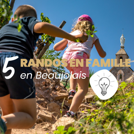 5 Randos en famille 

Sentier des Lys 
Suivez les pétales de lys qui vous guideront jusqu'à la Madone. A chaque étape, un thème, une histoire, une anecdote autour du vin et de la vigne.
3,5 km - Niveau vert
Départ : Parc de la mairie

La voie Verte du Beaujolais
De Belleville-en-Beaujolais à Beaujeu, une voie de 15km à faire en vélo, en roller, avec une poussette ou à pied. Tables de pique-nique et des bancs le long du parcours 

Sentier découverte la Terrasse - Chiroubles 
Un parcours de 2km avec plusieurs points de vue sur le Beaujolais. A mi-parcours vous trouverez une aire de jeux pour les enfants !
2 km - Niveau vert
Départ : Maison du Cru Chiroubles

Montmelas - Sentier Nature faune sauvage et insectes 
Le sentier serpente au milieu des vignes et d’un sous-bois passant au côté d’une petite mare, découverte de la faune et la flore des environs
2 km - Niveau vert
Départ : salle d’animation rurale, route des Pierres Dorées

Le Balcon du Morgon - Gleizé
A quelques minutes de Villefra